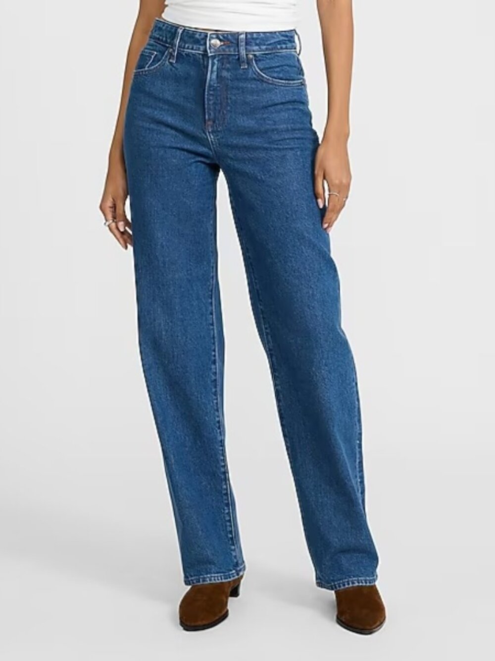 Express High Waisted Medium Wash Studded Relaxed Straight Jeans